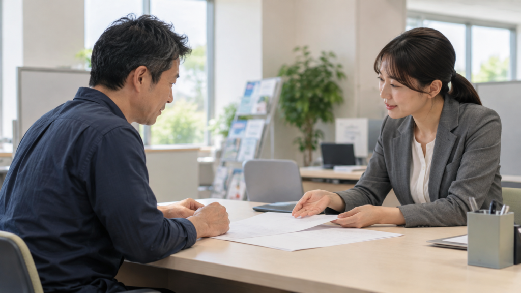 仕事の計画を相談窓口の担当者と書類で確認する人
