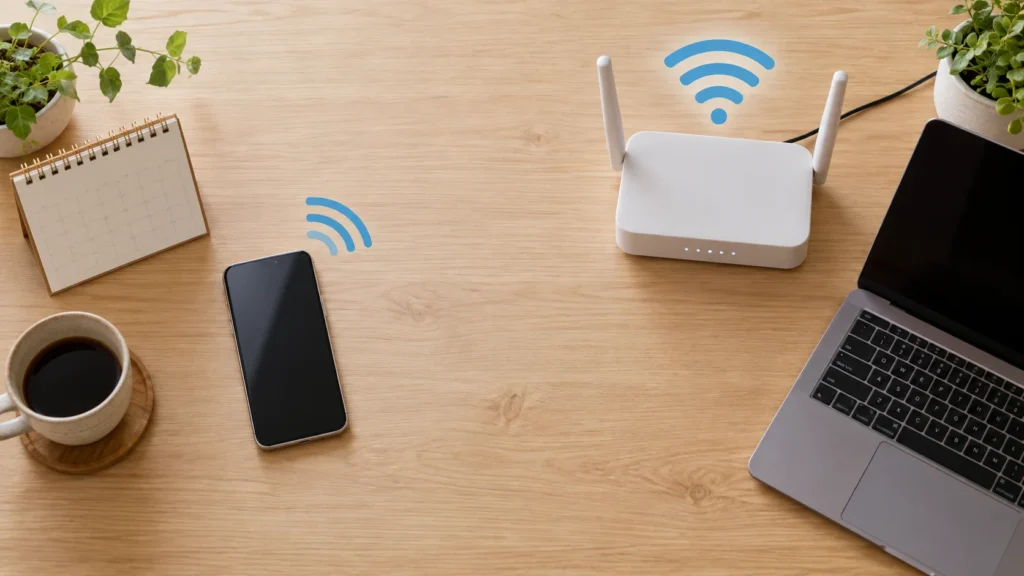 スマートフォンと家庭用ルーター、ノートパソコンを分けて置いた机