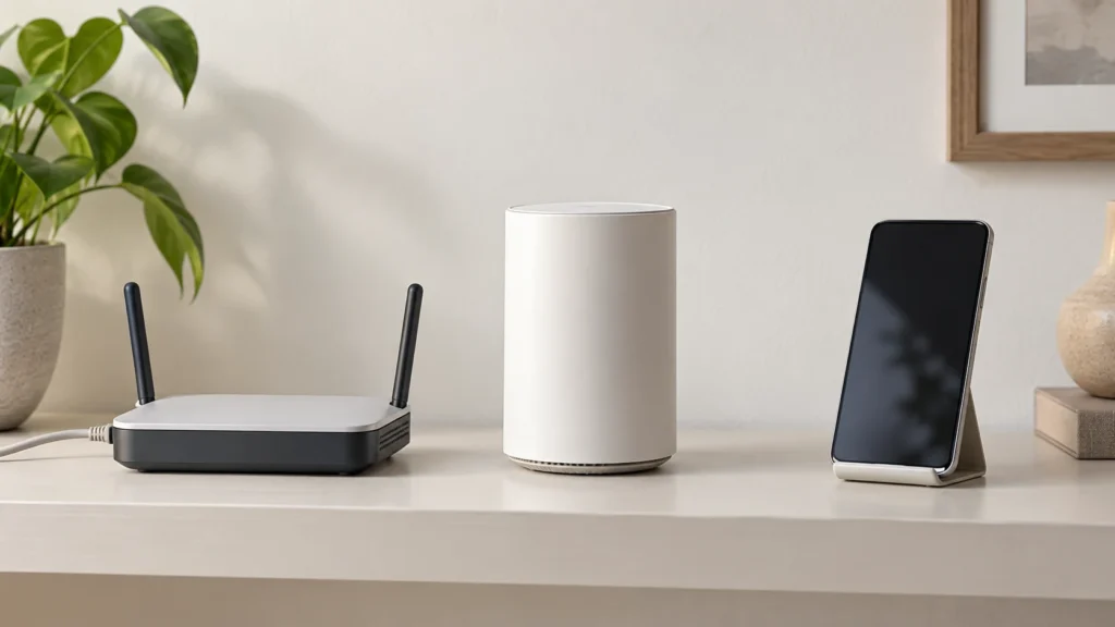 家庭用ルーターと縦型の通信機器、スマートフォンを並べたイメージ