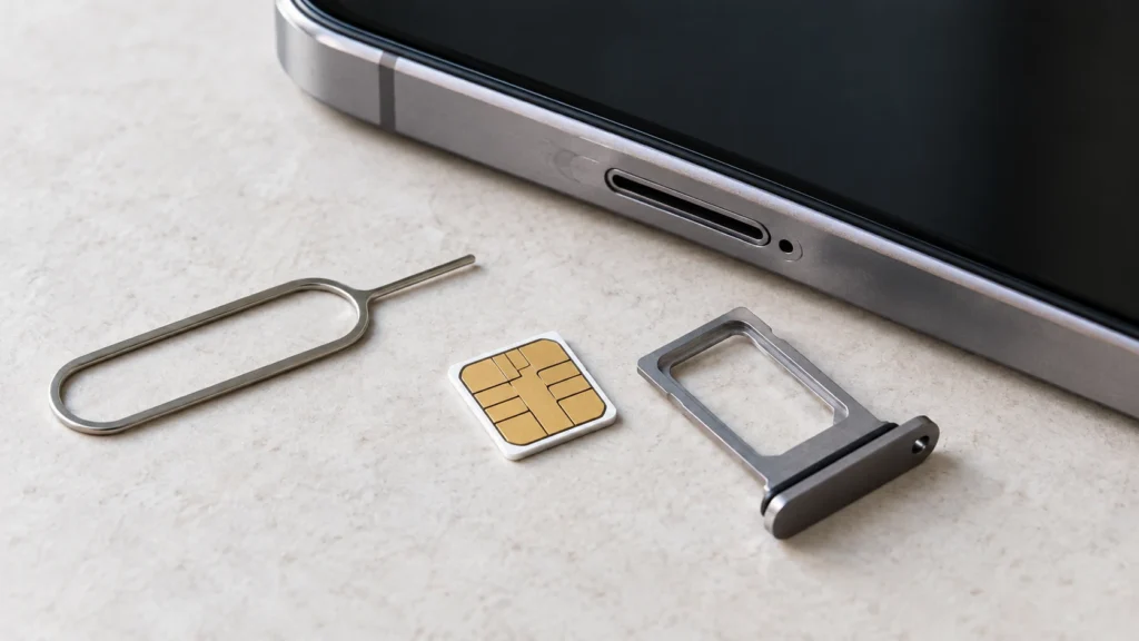 スマートフォンのSIMトレーとSIMカード、取り出し用ピンのイメージ
