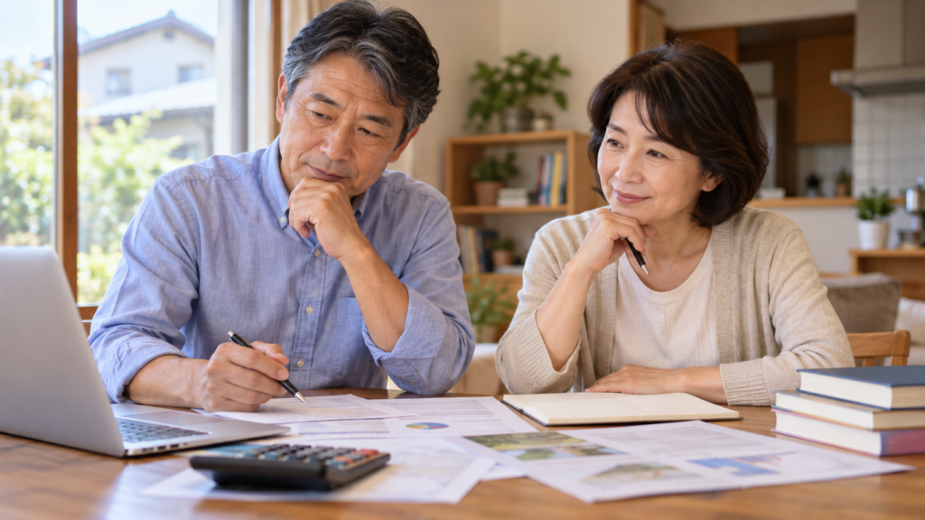 預貯金などの資料と電卓で支出を確認する手元