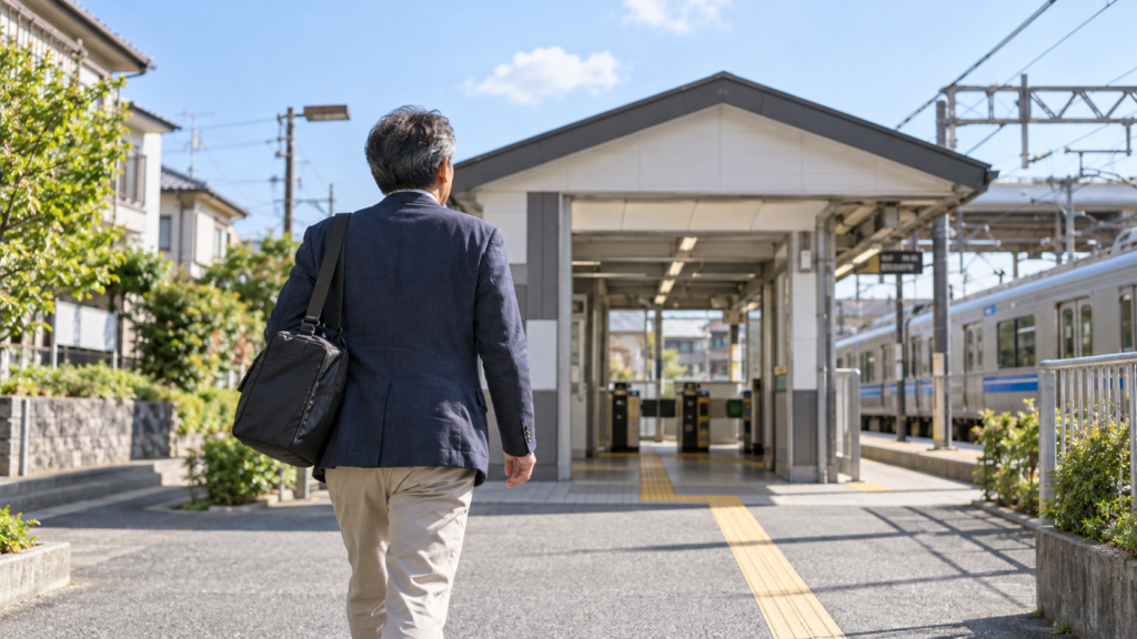 通学かばんを持って昼間の駅へ向かう成人