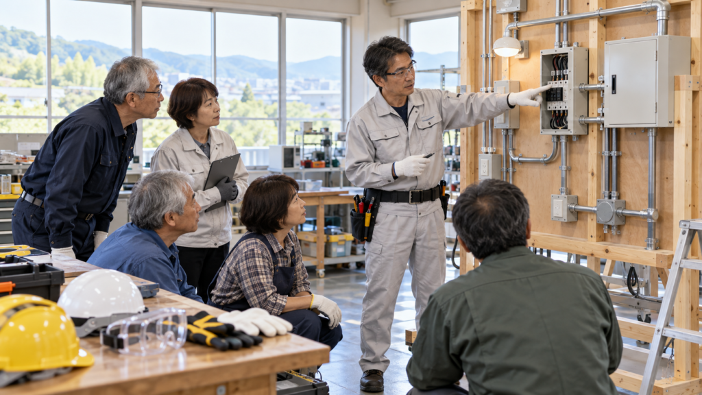 講師の説明を聞きながら設備の基礎を学ぶ成人