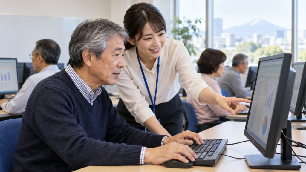 パソコン実習教室で操作を教わる成人