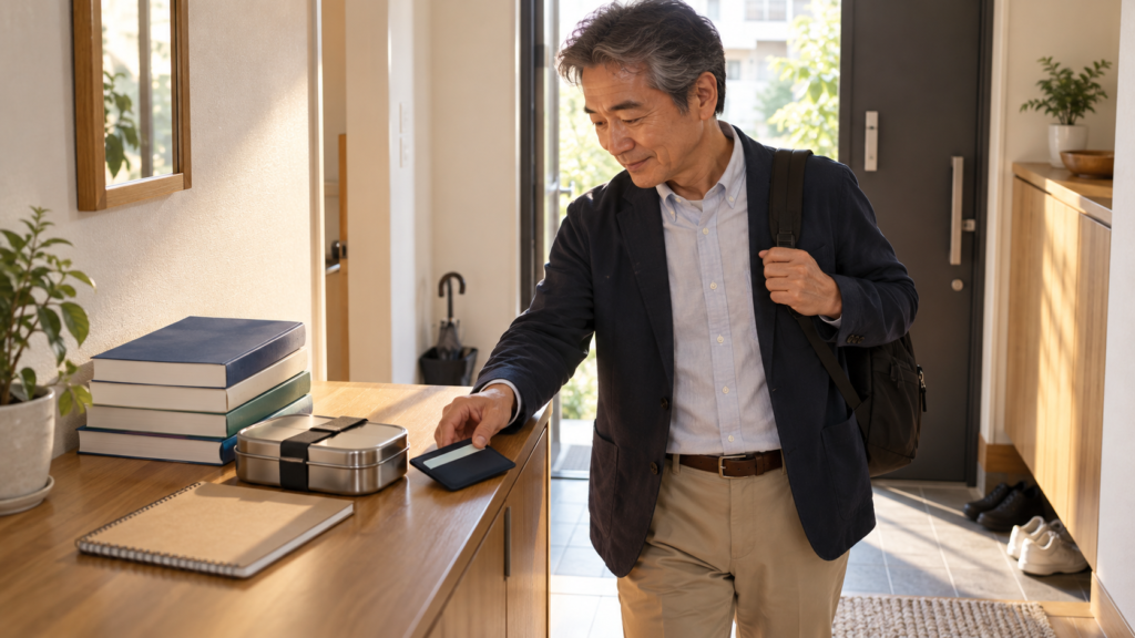 教材の束と通学用の持ち物を用意する場面