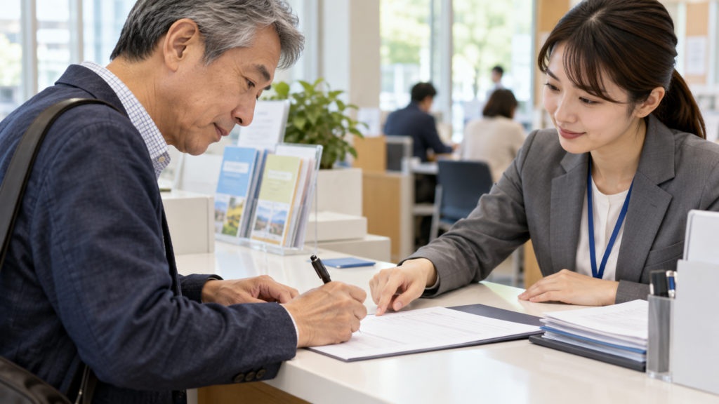 申込用の資料をそろえて記入する手元