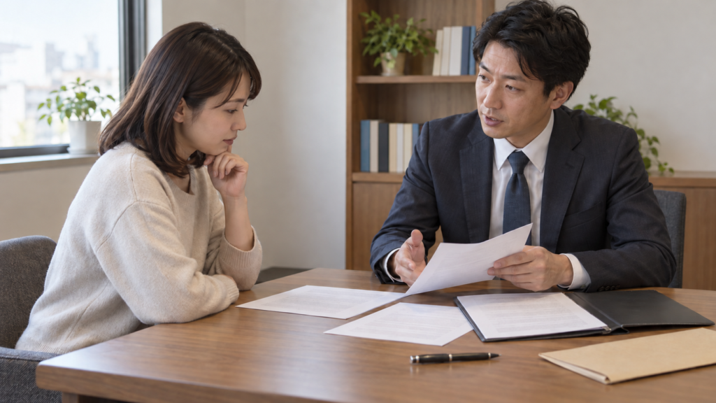 契約前に書類の範囲と費用を相談員へ確認する様子