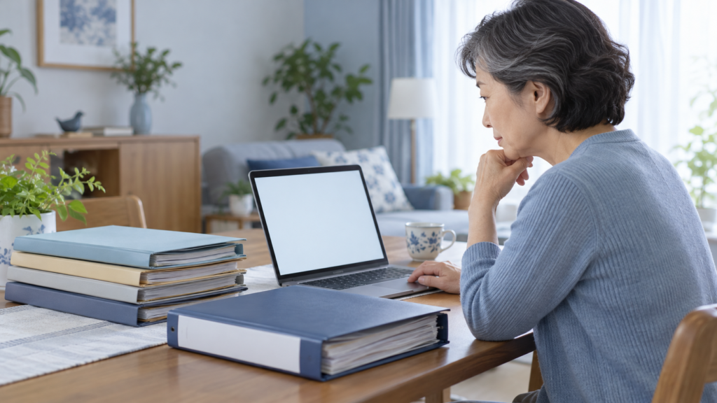 パソコンと書類で自分の加入状況を確認する60代の女性