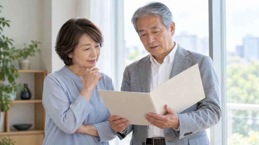 年齢の異なる二人が窓辺で書類を確認する様子