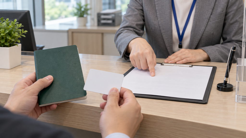 相談窓口で通帳と本人確認書類を準備する手元