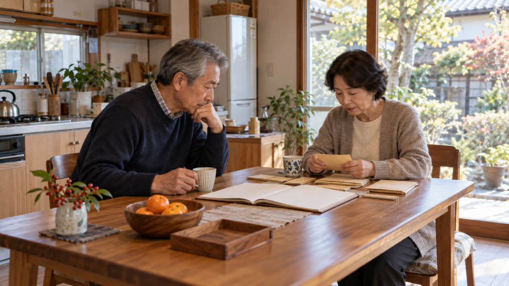 年齢の異なる夫婦が自宅で今後の家計を見直す様子