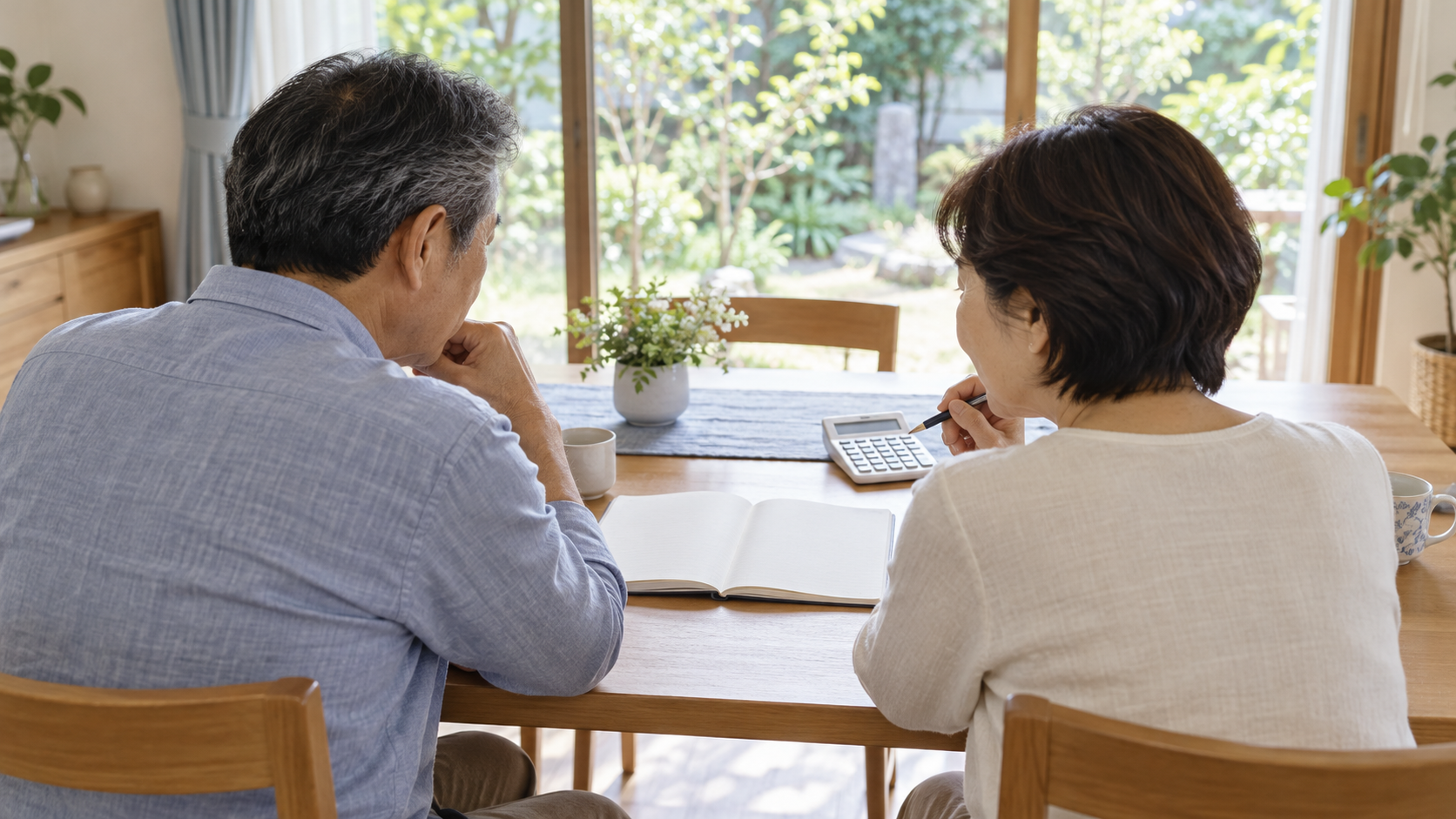自宅の明るい食卓で将来の家計を話し合う60代の夫婦