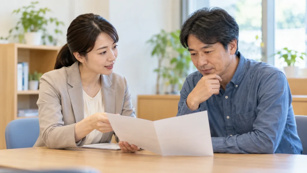 地域の相談窓口で活動条件を確認する二人