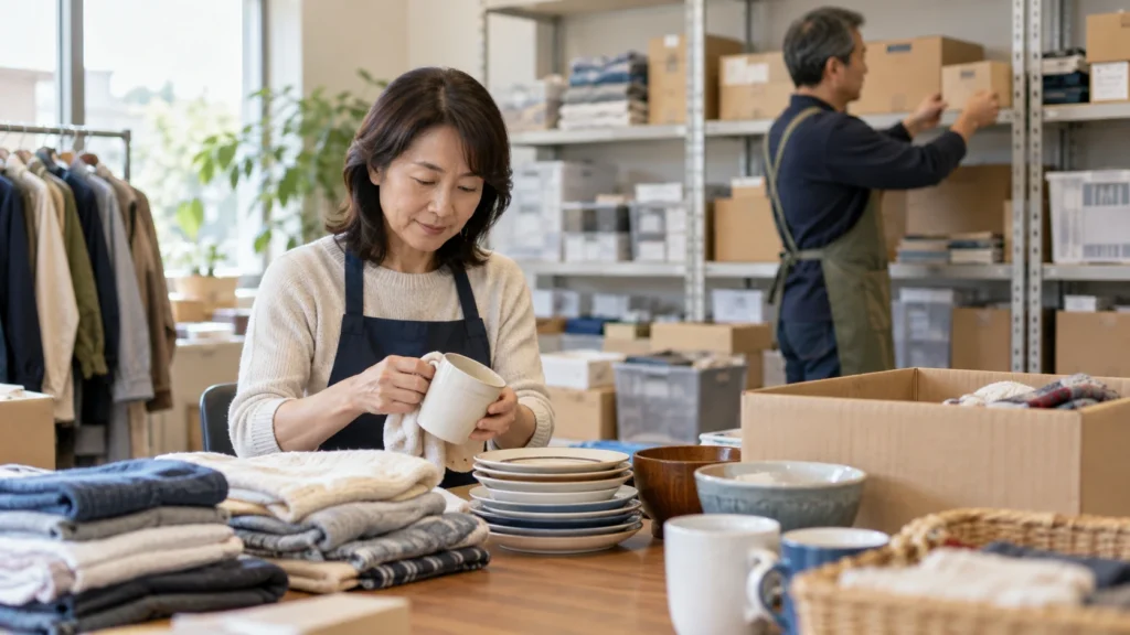 物品を仕分けする参加者と荷物を運ぶ担当者