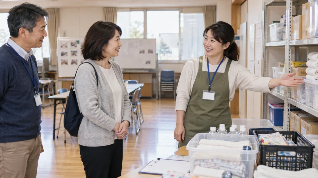初参加者に作業場所を案内する担当者