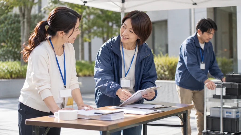 受付の参加者が追加作業を責任者と相談する様子