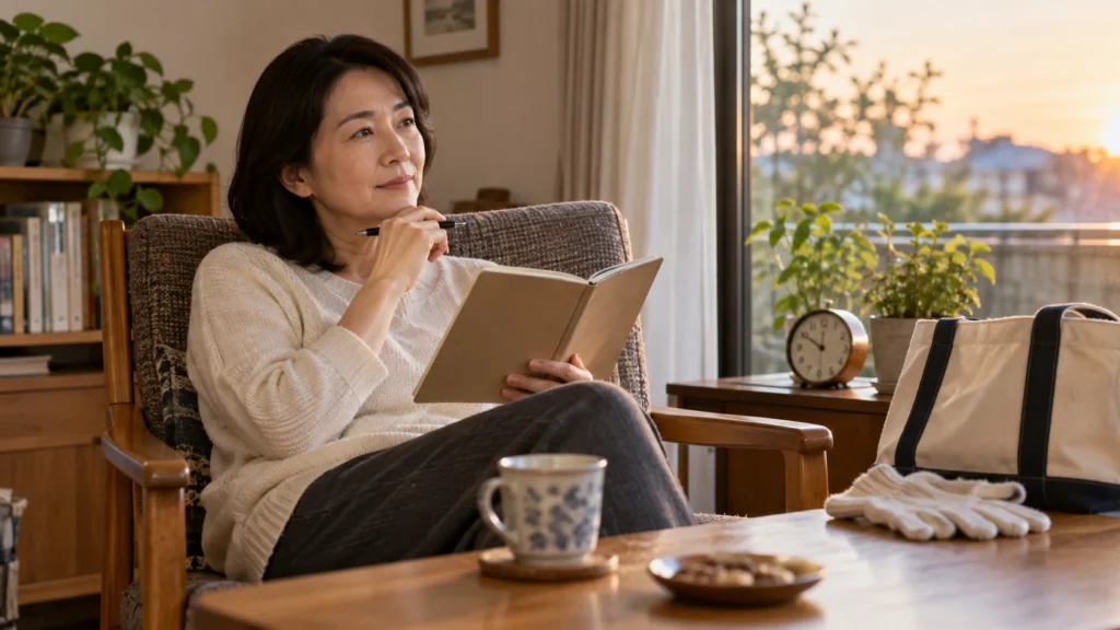 帰宅し手帳と時計で活動の負担を振り返る成人