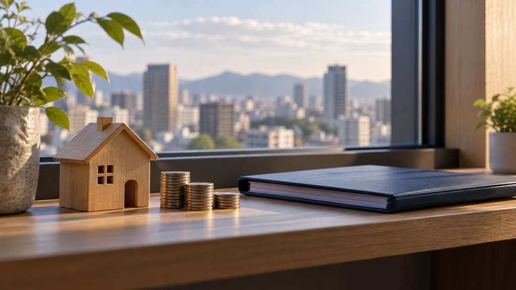 住まいと現金と手続き資料を並べたイメージ