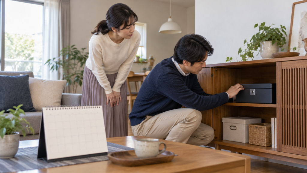 書類の保管場所と見直し時期を共有する様子