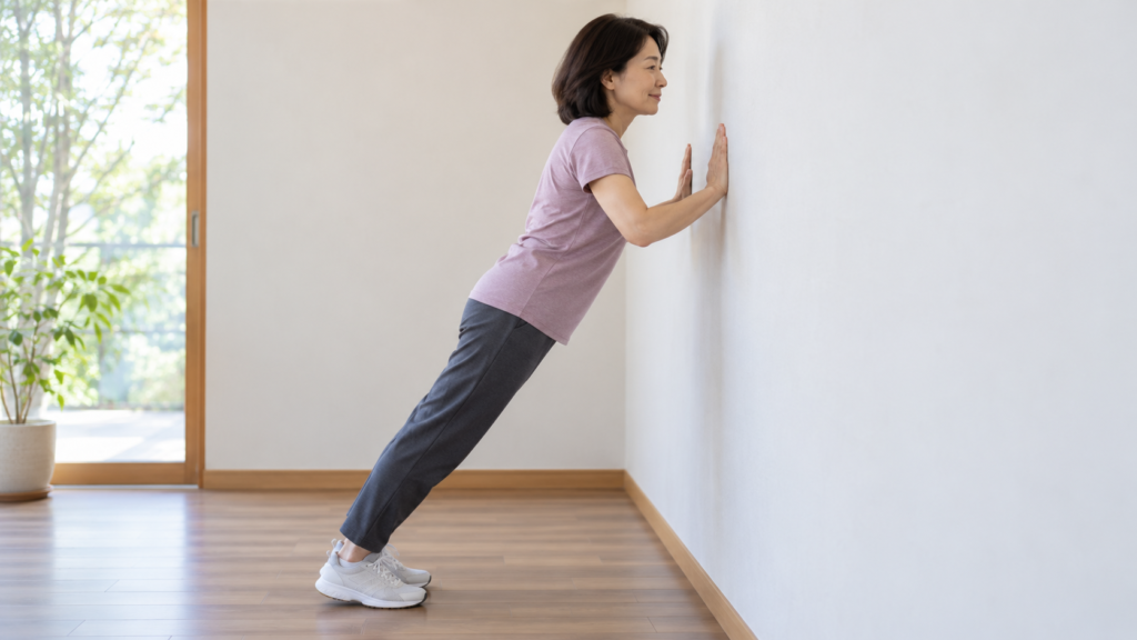 壁に両手をついて軽い腕立ての動作を確認する人