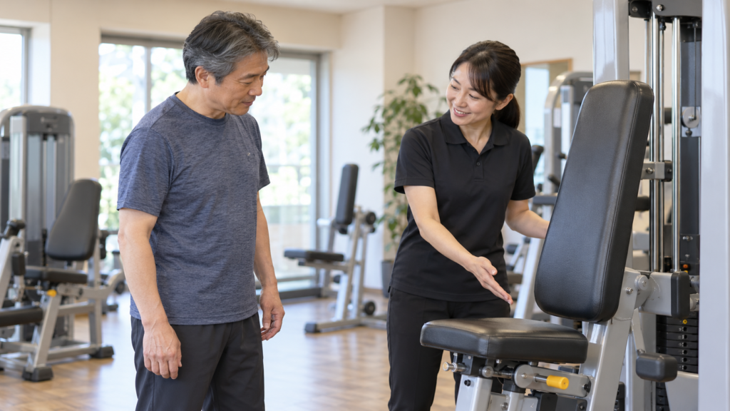 運動施設で器具の使い方の説明を受ける初心者