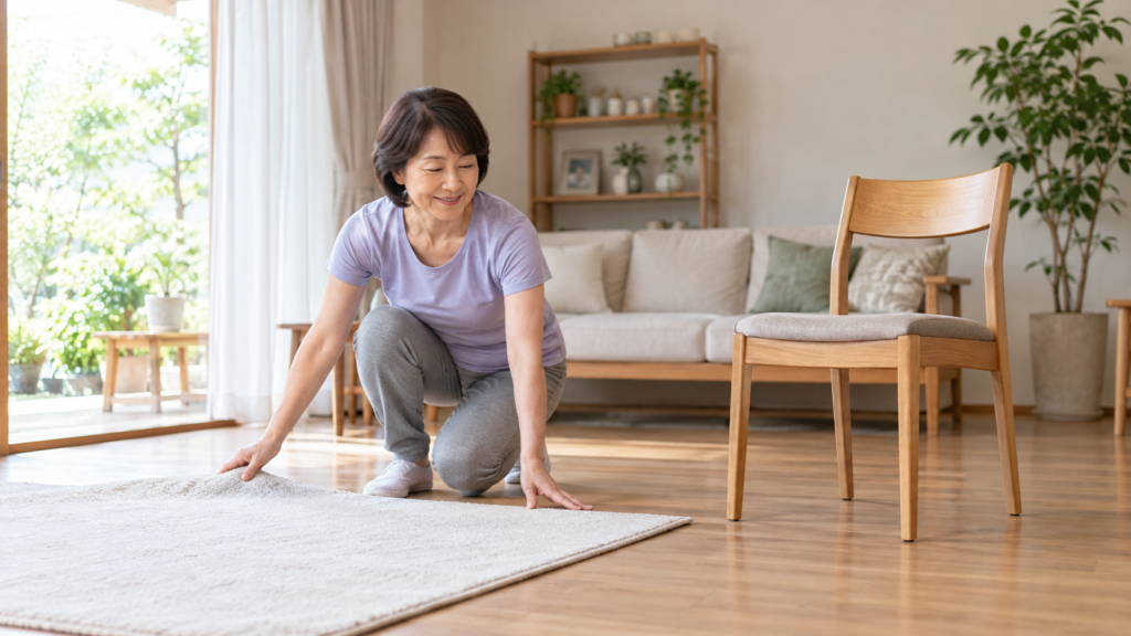 自宅の空間を整えて運動の準備をする人
