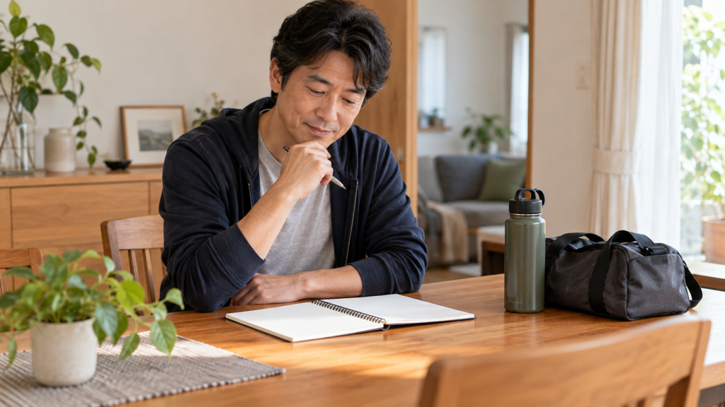 運動用品をそばに置いて家で計画を見直す人