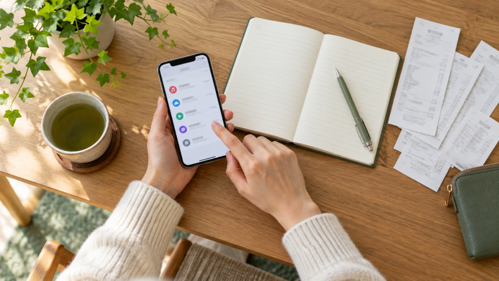 スマートフォンと領収書を見比べ、契約一覧をノートへ整理する手元